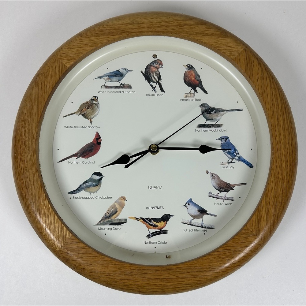 Vintage Singing Bird Wall Clock 12 Birds Quartz Wood Look Works Sound READ